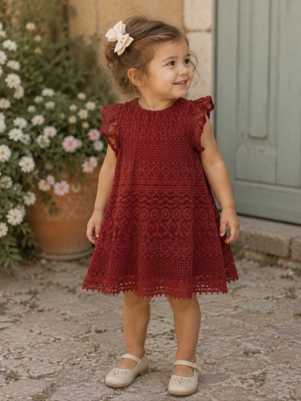 New Next Girls 2-3Y Rust Red Crochet Lace Ruffle Sleeve Party Dress Holidays